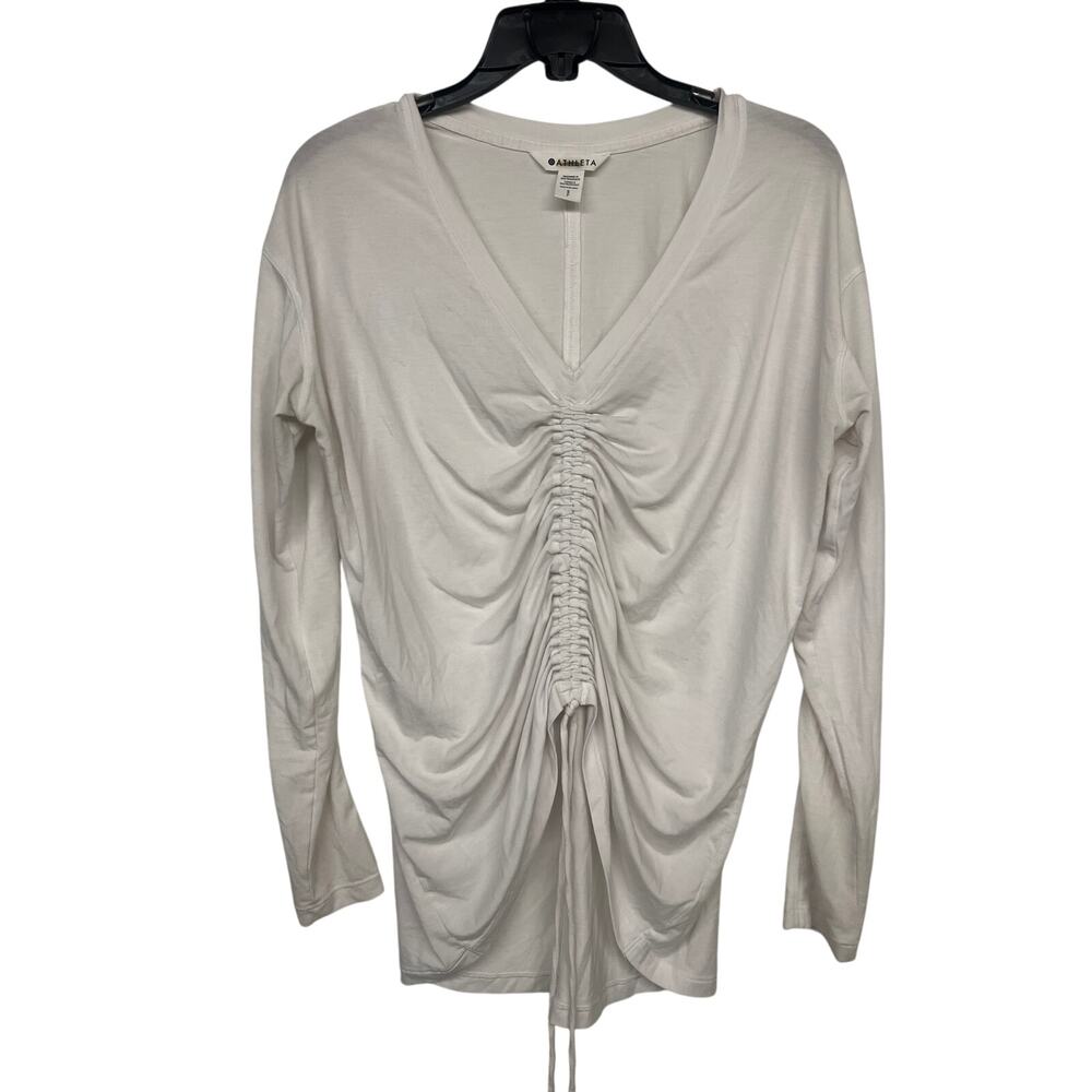 Athleta szS small white crossover ruched top tee knit long sleeve v - neck tee